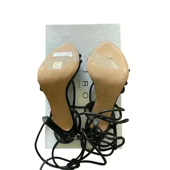 IRO PARIS IDO High Black Strass Leather Sandal Heels Rhinestones Lace Up Sz 37/7 - Picture 7 of 14